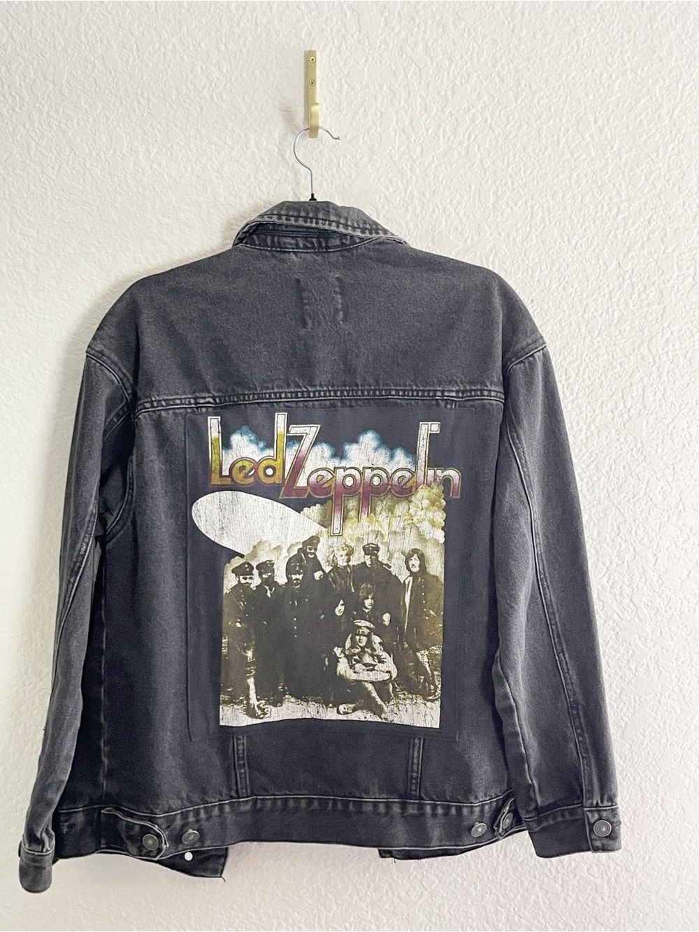 Led Zeppelin Up-Cycled Distressed Black Denim Trucker Jacket Zeppelin graphic